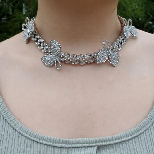 Women hip hop necklace butterfly pendant miami cuban curb chain silver color pink crystal rose gold rapper rock roll jewelry