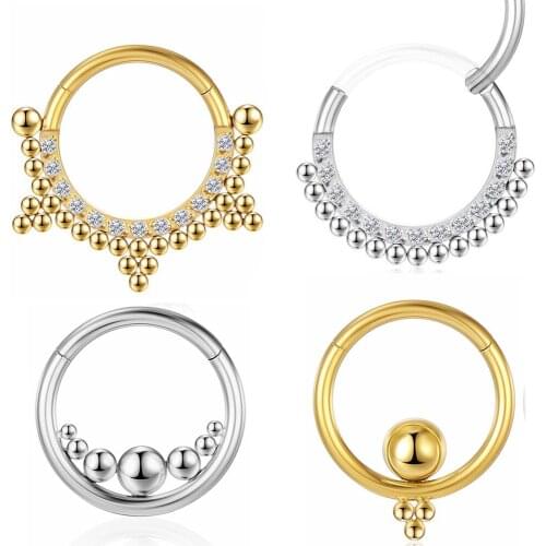Gold Nose Ring Women Titanium Hinged Hoop Septum Zircon beads nose ring Ball Ear Cartilage Earring Segment Lip Piercing Jewelry