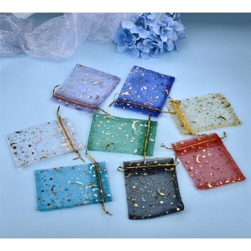 100pcs Jewelry Bag Mesh Portable Storage Bag Necklace Ring Packaging Drawstring Star Moon Shiny Pearl 7x9cm/9x12cm
