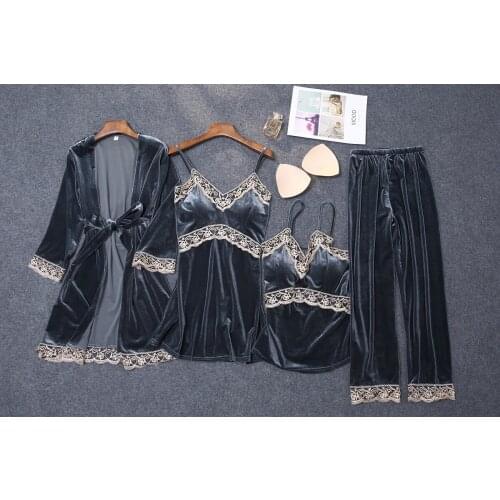 2021 Winter Lace Womens Nightgown Sexy Velor Pajamas Warm Sleepwear Fashionable Negligee Beautiful Bath Robe Sets Velvet Sleep