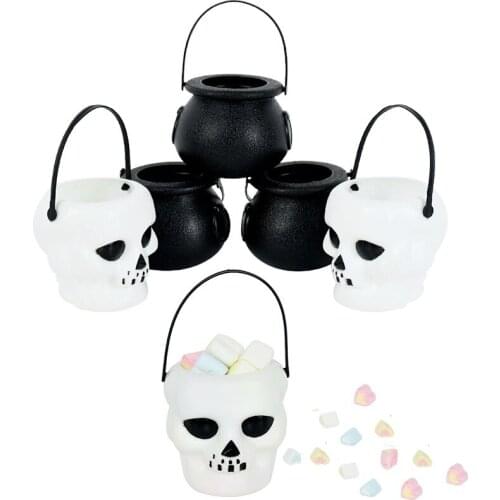 6Pcs Halloween Candy Holder Pot Decoration Witch Cauldron Skull Barrels Plastic Candy Bucket Trick Or Treat Party Props For Kids