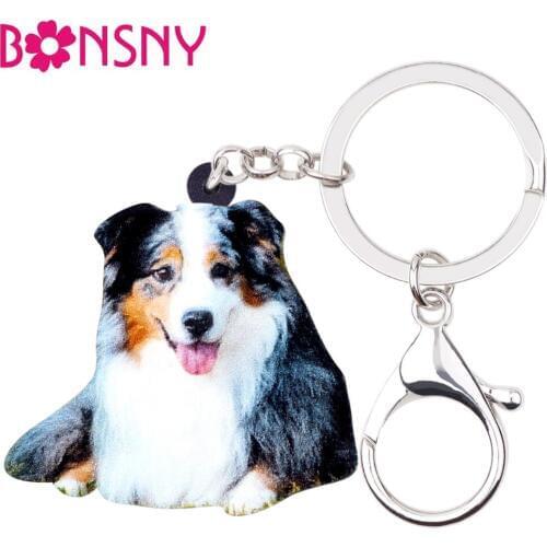 Bonsny Acrylic Smile Australian Shepherd Dog Key Chains Keychains Ring Animal Jewelry For Women Girl Bag Car Purse Charms Charms