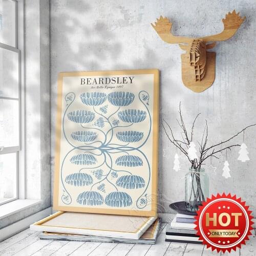 Aubrey Beardsley Exhibition Museum Poster, Aubrey Art Flowers Lllustration Prints, Beardsley Vintage Lines Flowers Wall Picture