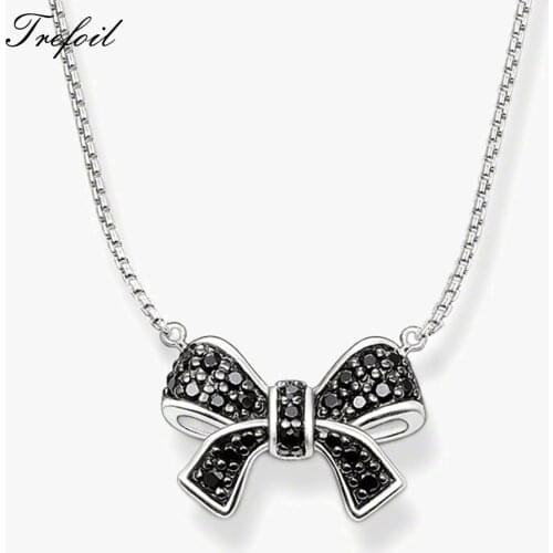 Link Chain Necklace Black Bow Knot Pendant, Fashion 925 Sterling Silver Jewelry Trendy Gift For Women Girls 2018 Collana Donna