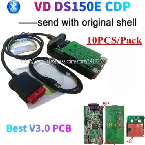 DHL 10pcs/lot VD DS150E CDP vd tcs cdp V3.0 PCB relays with bluetooth for delphis cars/trucks obd2 diagnostic tool with Shell