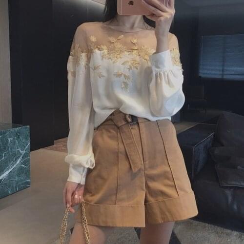 French Vintage Floral Blouses Women Long Sleeve O-Neck Shirts Embroidery Shirts Famale Sexy Lace Elegant Tops Ladies 2021 Summer