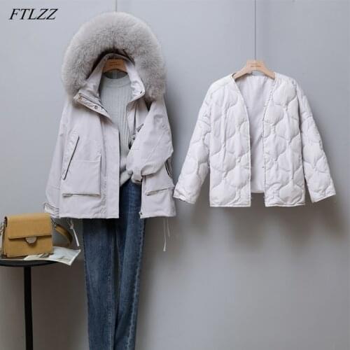 FTLZZ Winter Women Real Fox Fur Hooded Down Short Jacket 90% White Duck Down Coat Thickening Loose Warm Outwear Detachable Liner