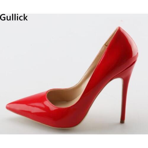 Gullick Cheap Red Sexy Leather Shallow Women Fashion Pumps Thin and High Heels Pointed Toe Shoes for party Big Size