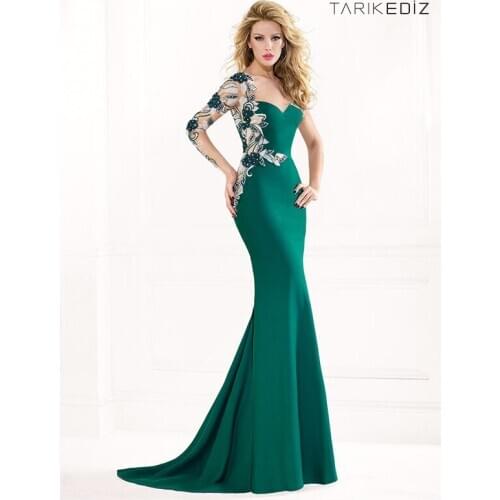 Emerald green evening gown 2021 one sleeve vestido plumas Modest embroidery flower beaded mermaid mother of the bride dresses