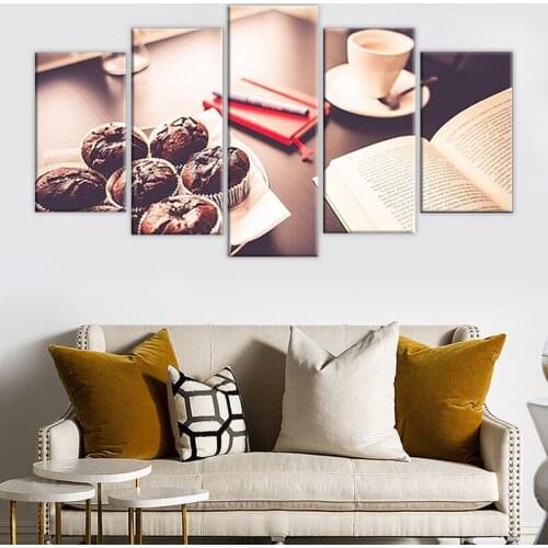 Canvas HD Prints Pictures Wall Art Frame 5 Pieces Coffee Cake Painting Modular Leisurely Afternoon Tea Time Kitchen Decor Poster
