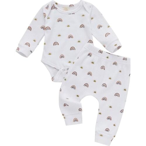 New 2 Pcs Baby Ribbed Outfits, Infant Rainbow & Sun Print Long Sleeve Round Neck Playsuit + Trousers