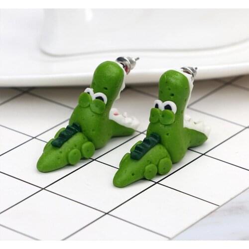 Creative Handmade Soft Pottery Earring Animal Bite Ears Cartoon Green Crocodile Elephant Dinosaur Ear Studs