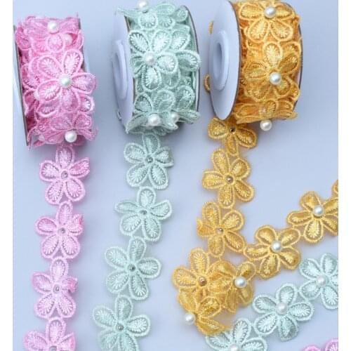 2 yards Water-soluble Five-petal Flower Pearl Hollow Lace Embroidery Ribbon for Diy Hair Accessories Clothing Headdress Trim