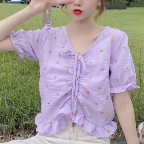 Summer French V-neck Floral Blouse Women Casual Puff Sleeve Ruffles Designer Short Tops Sweet Korean Fashion Woman Blouses 2021