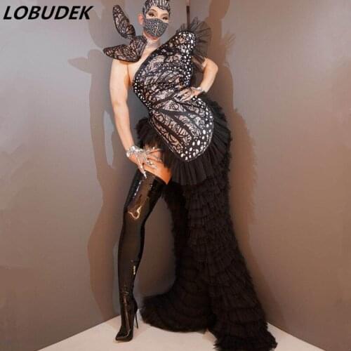 New Black Pearl Butterfly Tailing Skirt Fashion Women Singer Sexy Party Show Stage Wear Nightclub Dancer Performance Costume