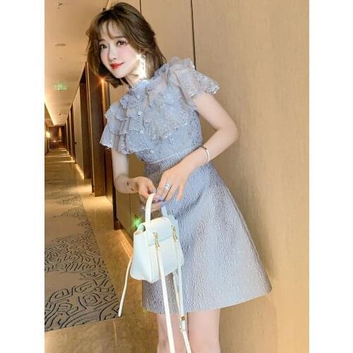 New - on white gauze collar falbala A - fold Line pendulum jacquard dress female amoi