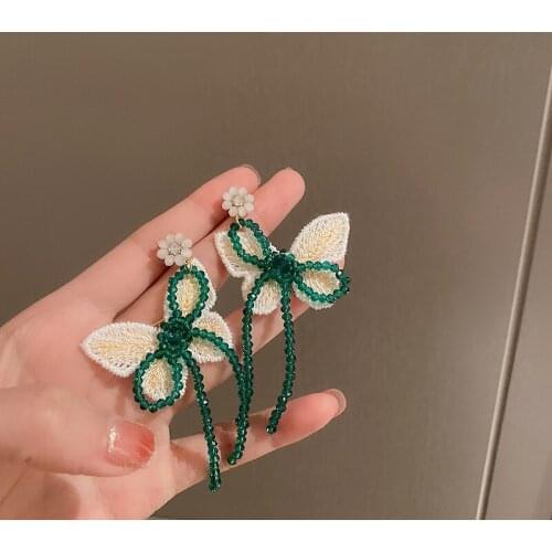 Origin Summer Korean Fashion Green Color Crystal Butterfly Earrings for Women Handmade Cicada Wings Flower Dangle Earrings Gift