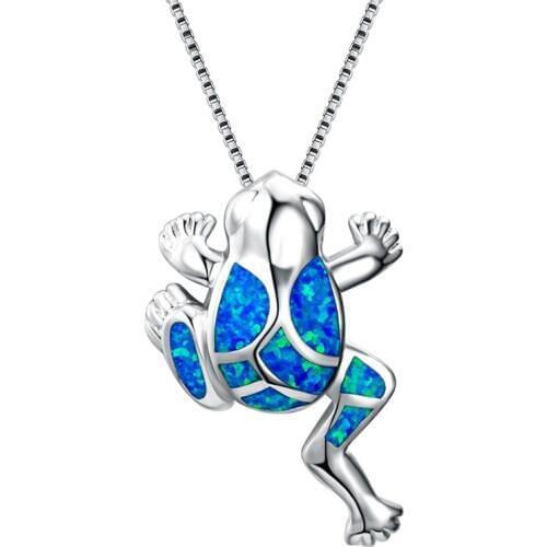 Blue opal frog turtle pendant necklace women Silver Color filled fashion jewelry animal necklaces best friend