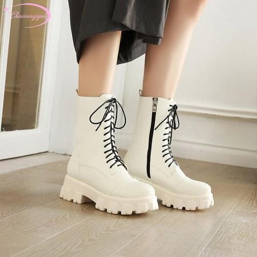 Casual style round toe ankle boots lace-up zipper platform black white beige khaki high-heeled motorcycle boots womens shoes