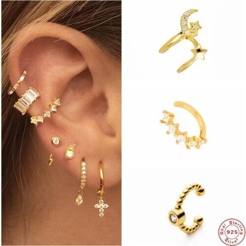 Aide 925 Sterling Silver Gold Zircon Circle Ear Cuff For Women Non Piercing Star Moon Clip Earrings Earcuff Party Jewelry 1PC