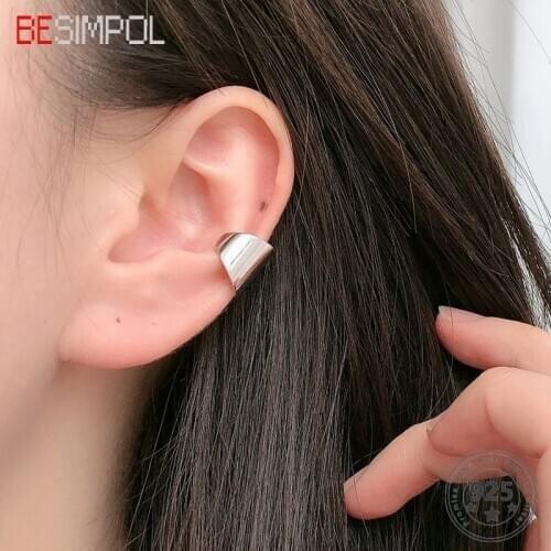 Besimpol 100% 925 Sterling Silver Clip Earring Fashion Simple Wide Ear Bone Clip Earrings For Women Luxury Fine Jewelry Gifts