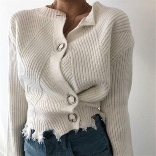 Japanese and Korean style Chic buttons Long-sleeved knitted cardigan sweater irregular with ragged edges