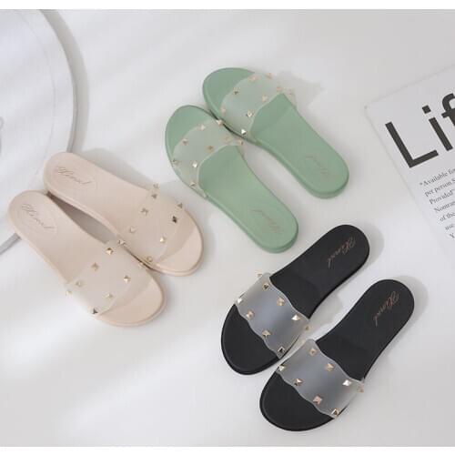 Slippers Female Outer Wear Rivet Fashion Slippers Beach Jelly Shoes Flat Slip Resistant Lightweight Candy Color Women Flats
