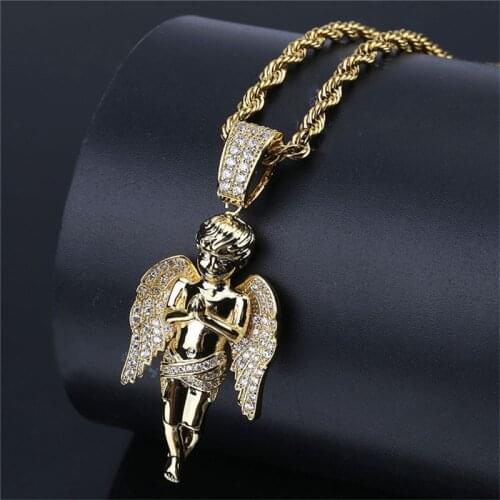 Hip Hop Jewelry Iced Out Angel Zircon Pendant Necklace With Gold Chain For Men Fashion Mens Necklace