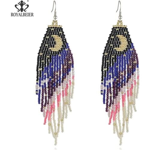 Women Bohemian Colorful Bead Woman Dangle Earrings Long Tassel Star Moon Drop Earring Fashion Jewelry for Female Aretes De Mujer