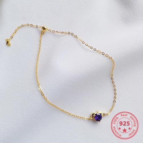Delicate Wholesale Japan Korea Style 925 Sterling Silver Fashion Cute Sweet Purple Heart Zircon Bracelets Women Jewelry