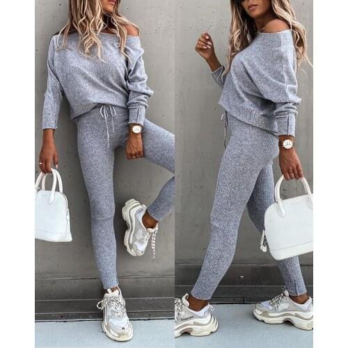 2021 Sportswear Women Fashion Casual Solid Fit One Shoulder Top Long Pants Set Long Sleeve Top & High Waist Drawstring Pants Set
