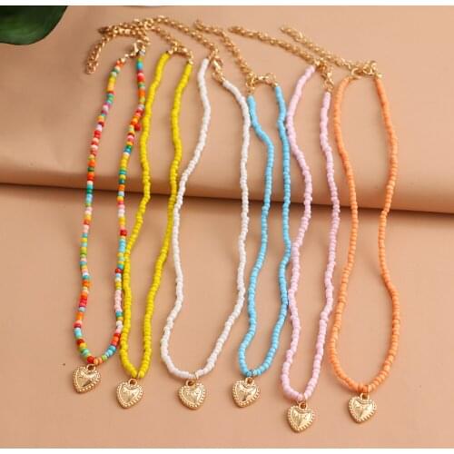 VKME Bohemian Fashion Beaded Pearl Necklace For Women Love Pendant Charm Colorful Pearls Choker Womans Bead Necklaces Jewelry