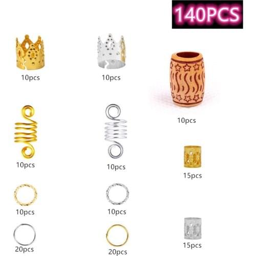 140 pcs Dreadlock Hair Jewelry Rings Metal Hair Cuffs Shell Charms Hair Coils Aluminum Hair Accessories Spring Hair Decoration