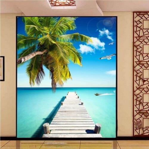 3D photo wallpaper Blue sky sea coconut trees bridge off the aisle backdrop wall Living room decoration wallpaper