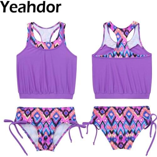Kids Girls Two Pieces Swimwear Sleeveless Racer Back Vest Top and Briefs Side Drawstring Set Beach Bikini Bathing Suits Swimsuit