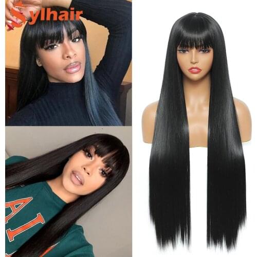 Sylhair Straigh Wigs with Bangs 32 Inch Long Wigs for Women Synthetic Wigs Heat Resistant