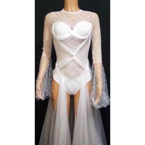 Jazz Dance Costumes For Lady Sexy Women Bar Dj Dancers White Translucent Tail Dress Stage Club Singer Perform Dancewear DJ1028