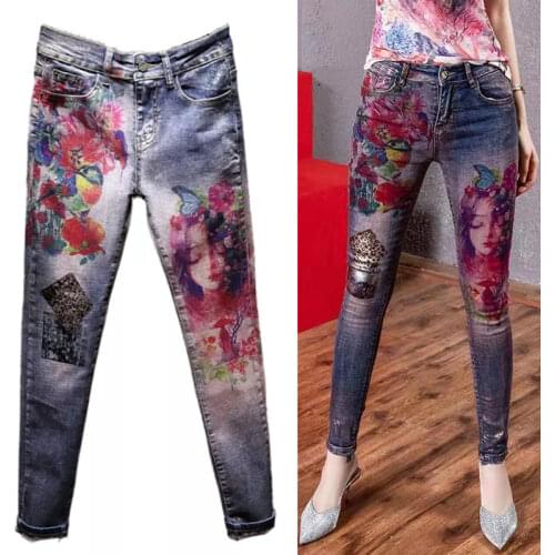Denim Pants Painted Bronzing Jeans Woman 2021 Spring Autumn New Women Ins Super Fire Fashion Printing Jeans Female Trousers