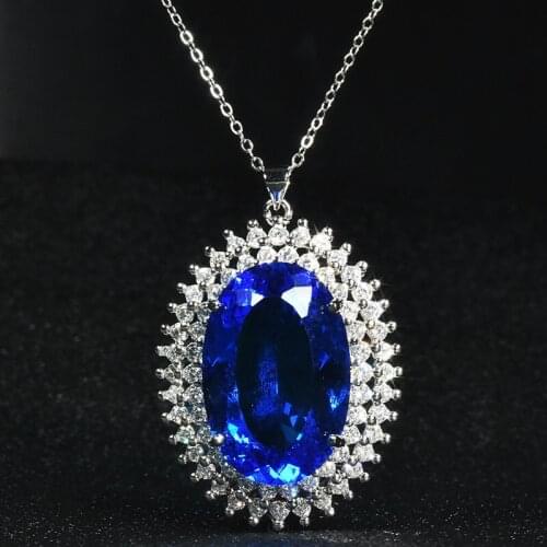 Fine Jewelry Luxury Blue Crystal Stone Oval Pendant Necklace Womens Wedding Engagement Charm Choker Fashion Anniversary Gift