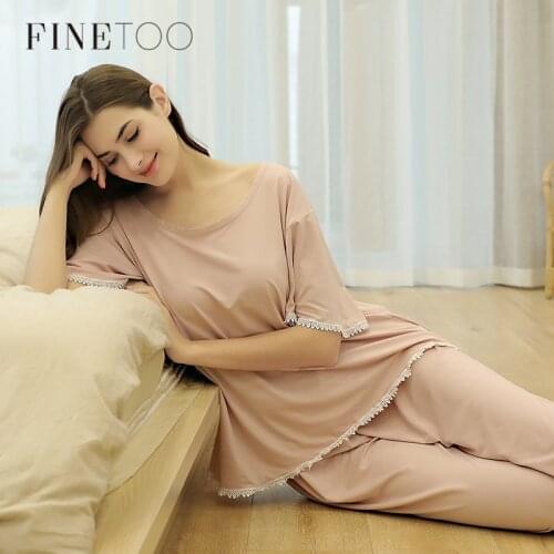 FINETOO Autumn Women Pajamas Sets Pink O-Neck Homewear Large Size Girls Sleepwear Womens Pijamas Suit Home Clothes Pyjama Femme
