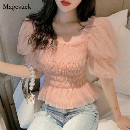 Summer Elegant Mesh Women Tops New Off Shoulder Blouse French Pleated Waist Puff Sleeve Thin Short Clothes Blusas Mujer 10026
