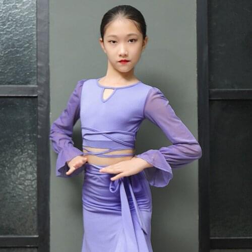 New Latin Dance Tops For Kids Long Sleeve Purple/Black Modern Dance Competition Clothes Rumba Tango Shirt Stage Clothing DWY4829