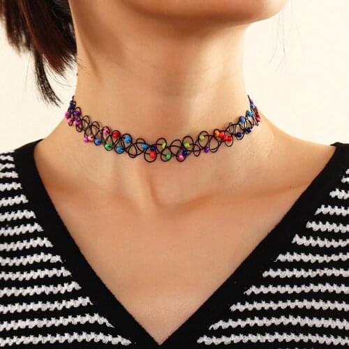 Korean Colors Rainbow Beads Choker Necklace Girl New Fashion Sexy Mesh Elastic Rubber Band Necklaces for Women Fine Jewelry Gift