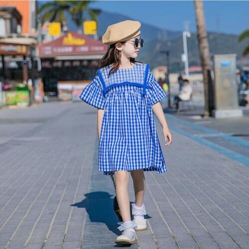 Girl summer new short sleeve dress children Square Collar plaid princess dress kids fashion holiday dress wz101 wholesale