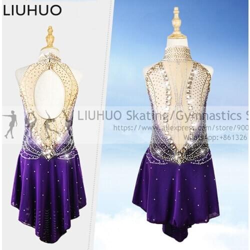 Ice Skating Dress Girls Open back Quality Crystals Splice Figure Skating Dance costumes Rhythmic Skating Ballet Dress for Adult