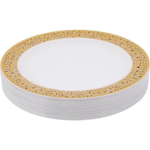 HOT-Gold Disposable Plastic Plates -Lace Design Wedding Party Plastic Plates,Gold Lace Plates Salad/Dessert Plates 25Pack