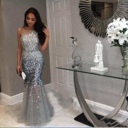 Luxury Gray Crystal Beads Long Mermaid Evening Dresses 2020 Floor Length Sexy Formal Party Dress Prom Gowns Robe De Soiree
