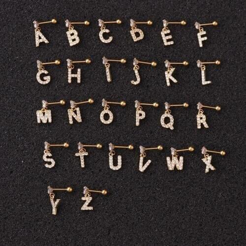 1PC 26 English Letters Zircon Piercing Earring for Women Stainless Steel Pin Earrings Tragus Rook Conch Helix Puncture Jewelry