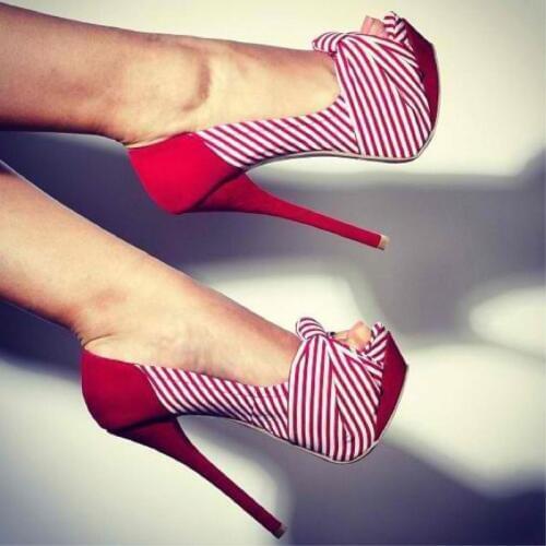 SHOFOO shoes,Brilliant fashion womens shoes, striped cloth, about 15 cm high heels, peep toe pumps.SIZE: 34-45