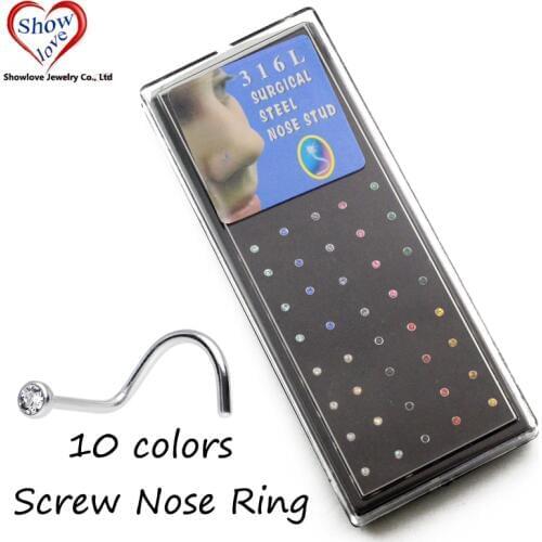 Showlove-40Pcs Surgical Steel CZ Gem Hook Bone Nose Rings Studs Piercing Mixed 13 Colors Body Jewelry